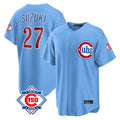 Kooe C.Cubs #27 Seiya Suzuki Player Light Blue 150th Anniversary Home Game Stitched Jerseys
