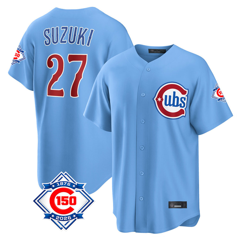 Kooe C.Cubs #27 Seiya Suzuki Player Light Blue 150th Anniversary Home Game Stitched Jerseys