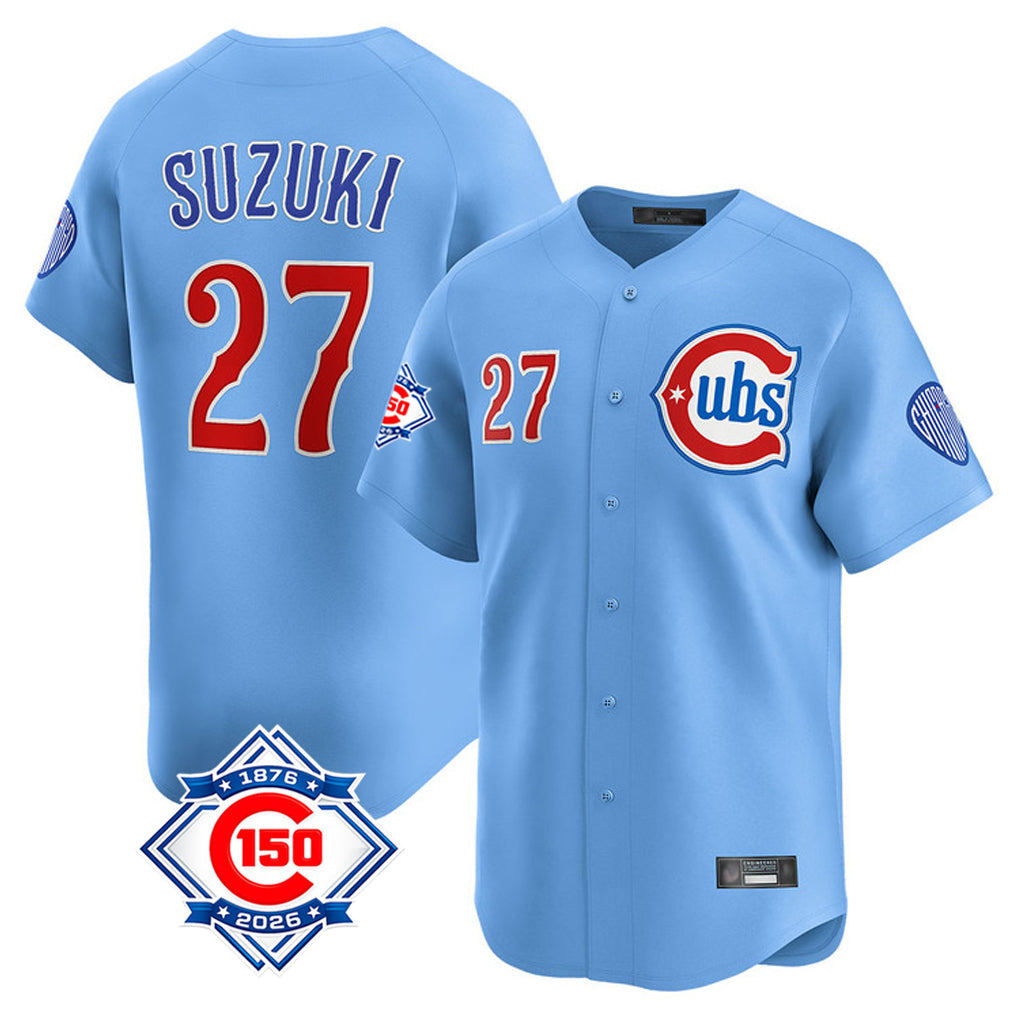 Kooe C.Cubs #27 Seiya Suzuki Player Light Blue 150th Anniversary Limited Home Stitched Jerseys