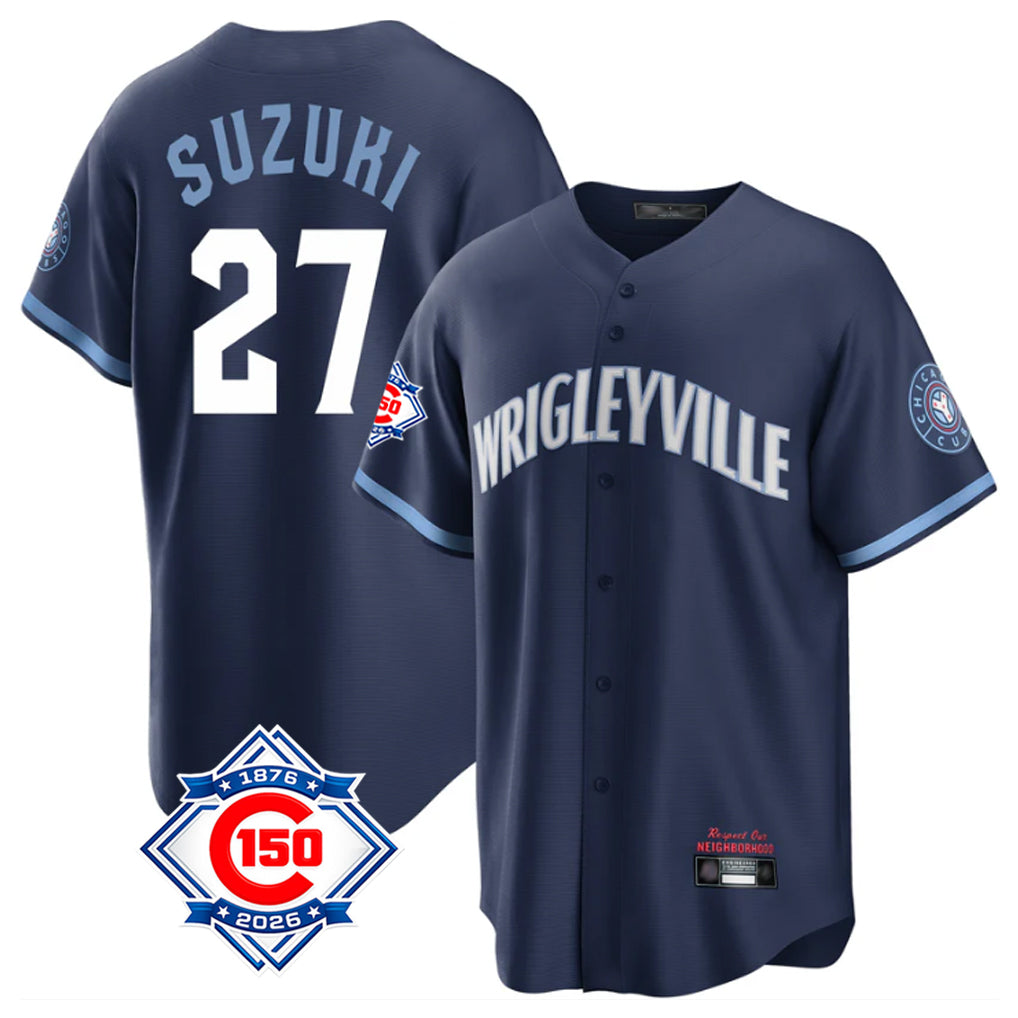 Kooe C.Cubs #27 Seiya Suzuki Player Navy 150th Anniversary City Connect Home Game Stitched Jerseys