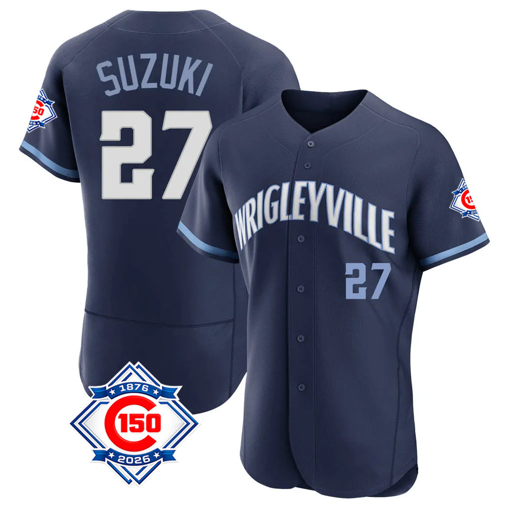 Kooe C.Cubs #27 Seiya Suzuki Player Navy City Connect 150th Anniversary Limited Elite Home Stitched Jerseys