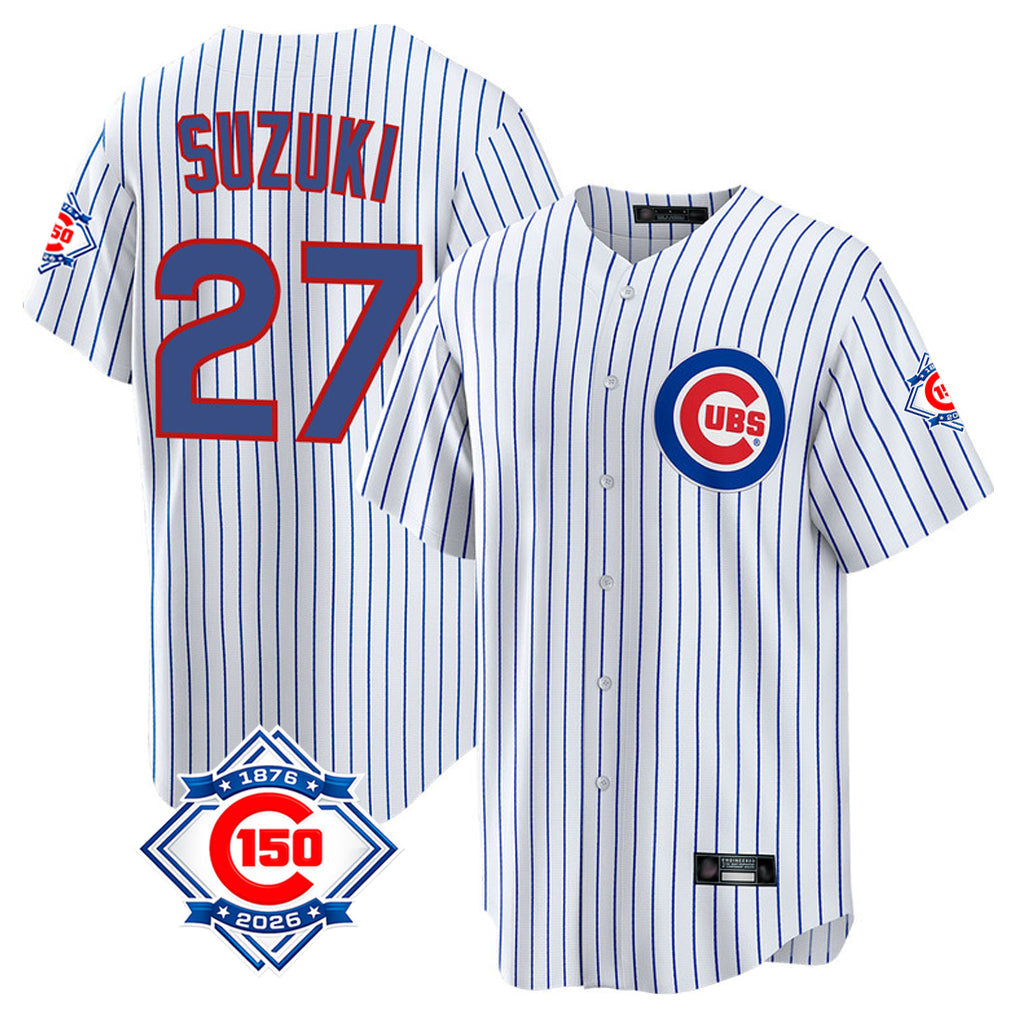 Kooe C.Cubs #27 Seiya Suzuki Player White 150th Anniversary Home Game Stitched Jerseys