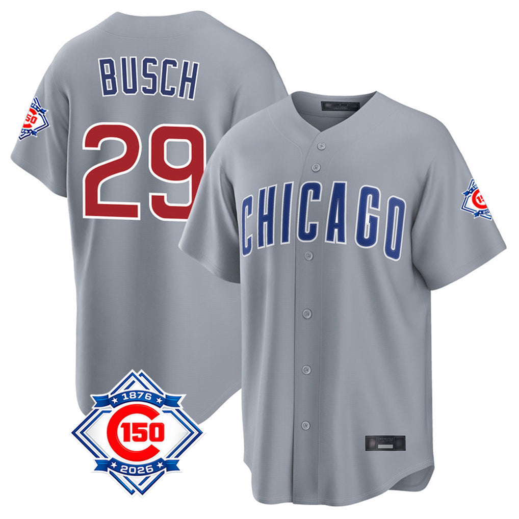 Kooe C.Cubs #29 Michael Busch Player Gray 150th Anniversary Home Game Stitched Jerseys