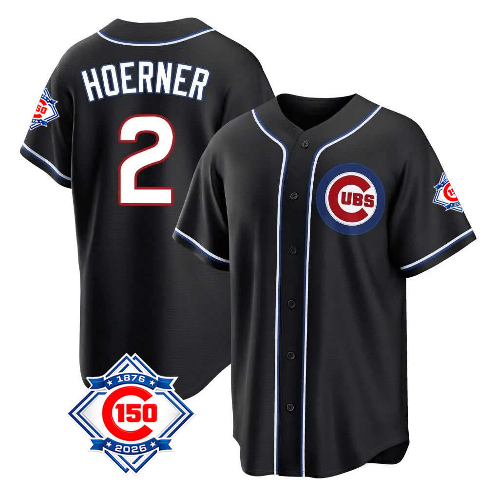 Kooe C.Cubs #2 Nico Hoerner Player Black Fashion Out 150th Anniversary Game Stitched Jerseys