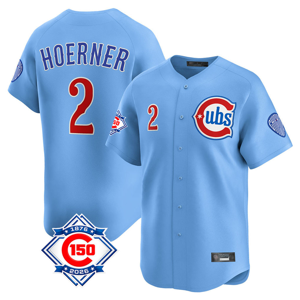 Kooe C.Cubs #2 Nico Hoerner Player Light Blue 150th Anniversary Limited Home Stitched Jerseys