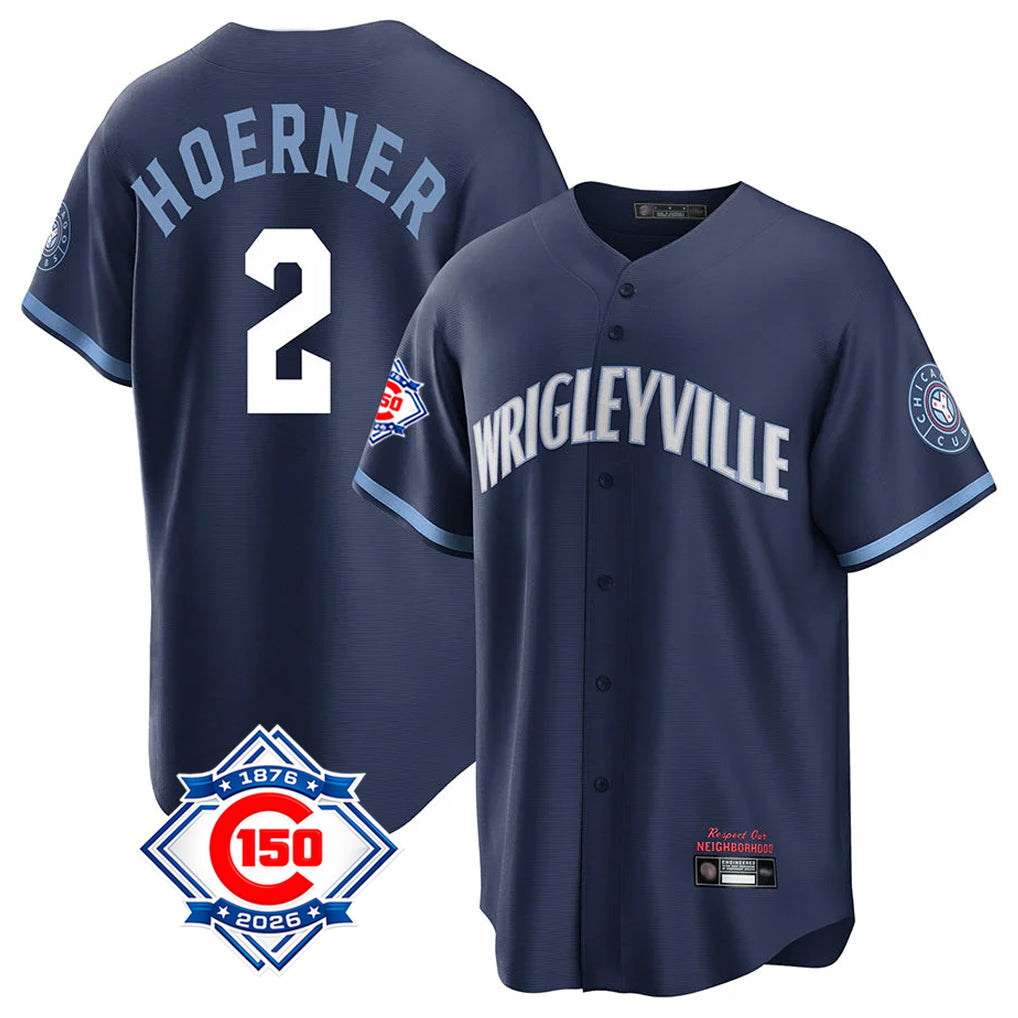 Kooe C.Cubs #2 Nico Hoerner Player Navy 150th Anniversary City Connect Home Game Stitched Jerseys