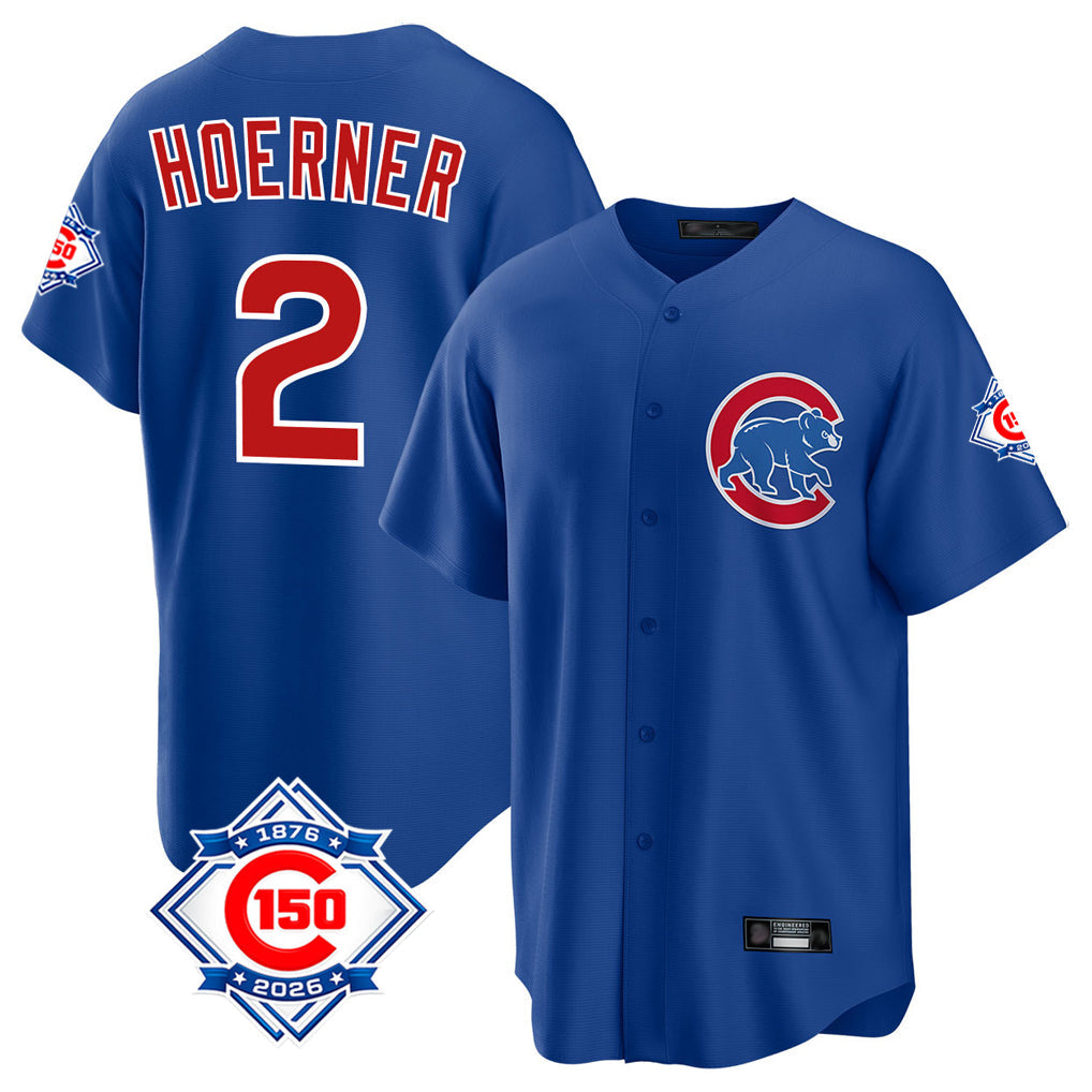 Kooe C.Cubs #2 Nico Hoerner Player Royal 150th Anniversary Home Game Stitched Jerseys