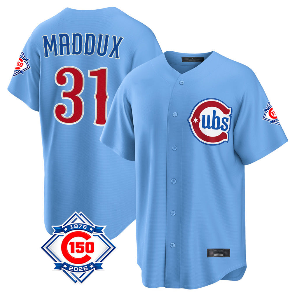 Kooe C.Cubs #31 Greg Maddux Player Light Blue 150th Anniversary Home Game Stitched Jerseys