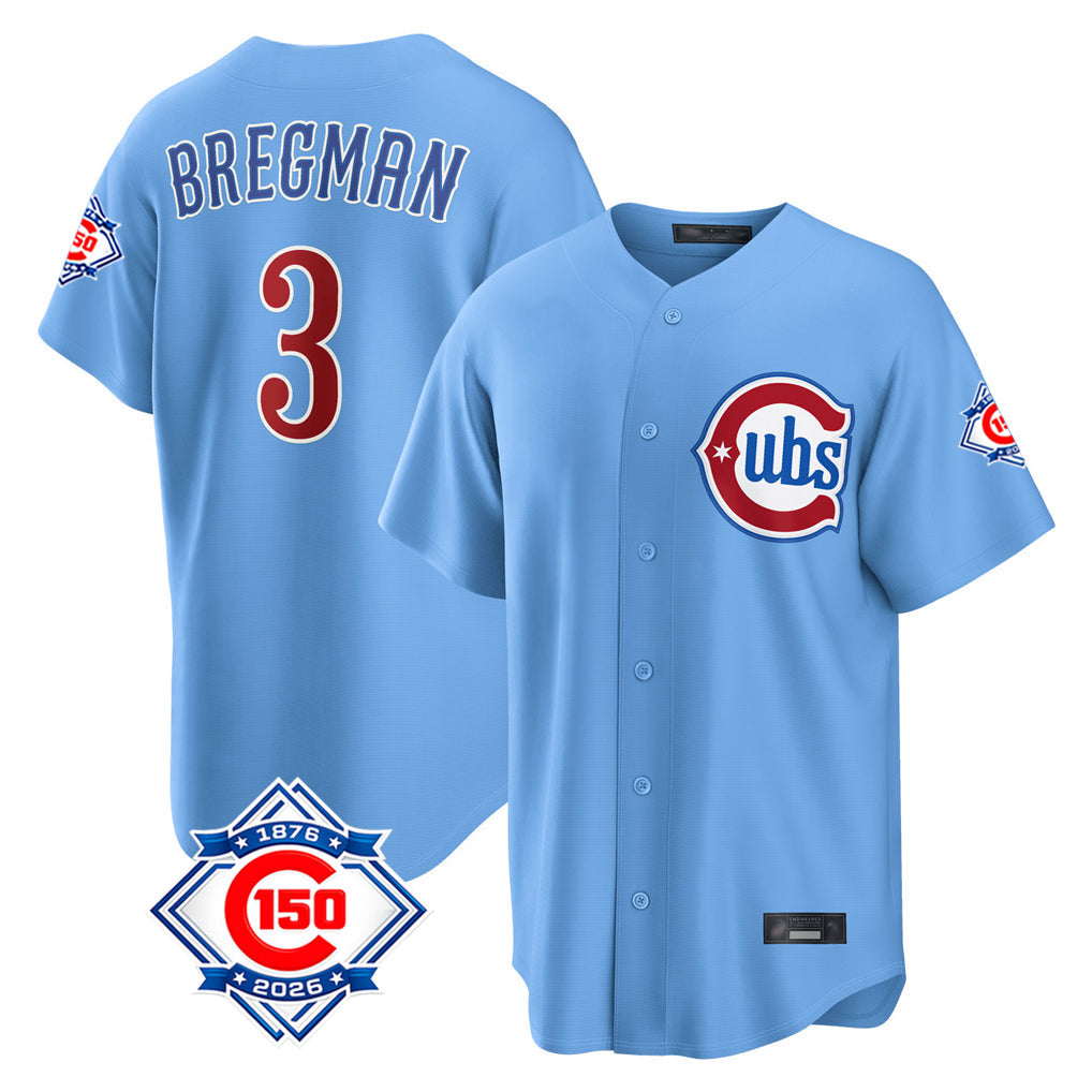 Kooe C.Cubs #3 Alex Bregman Light Blue 150th Anniversary Home Game Stitched Jerseys