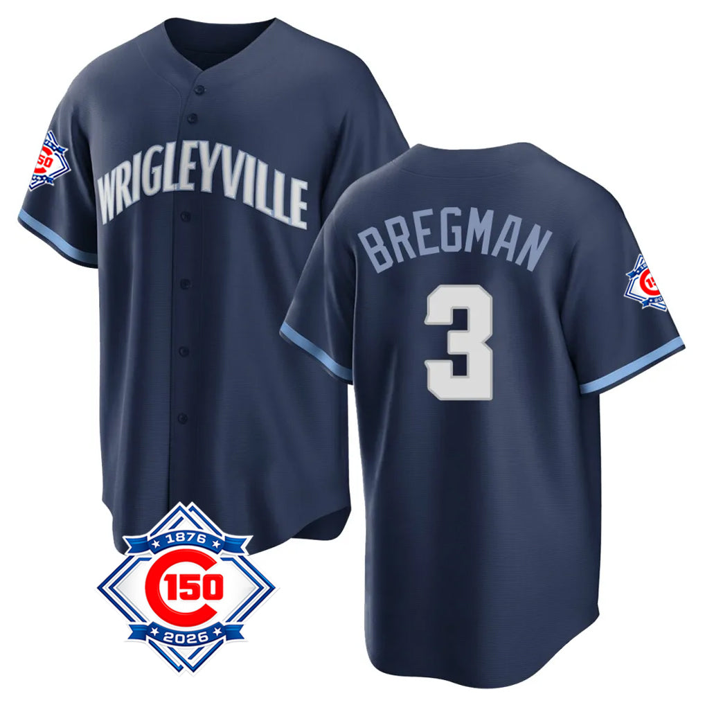 Kooe C.Cubs #3 Alex Bregman Navy 150th Anniversary City Connect Home Game Stitched Jerseys