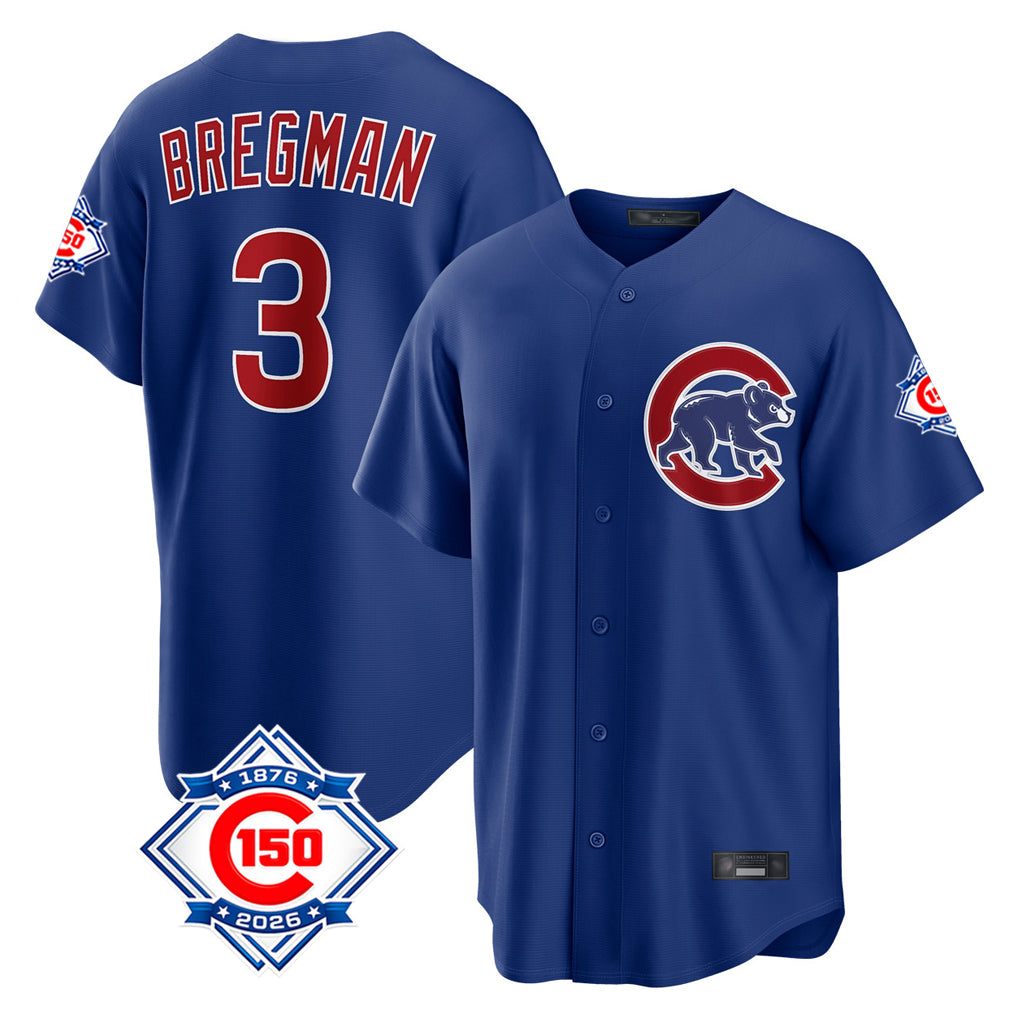 Kooe C.Cubs #3 Alex Bregman Royal 150th Anniversary Home Game Stitched Jerseys