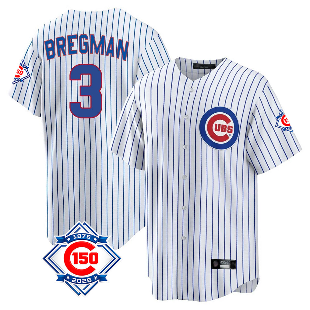 Kooe C.Cubs #3 Alex Bregman White 150th Anniversary Home Game Stitched Jerseys