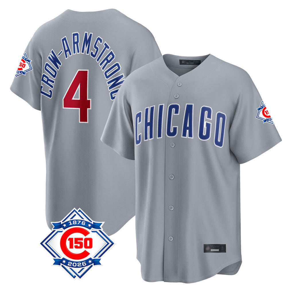 Kooe C.Cubs #4 Pete Crow-Armstrong Player Gray 150th Anniversary Home Game Stitched Jerseys