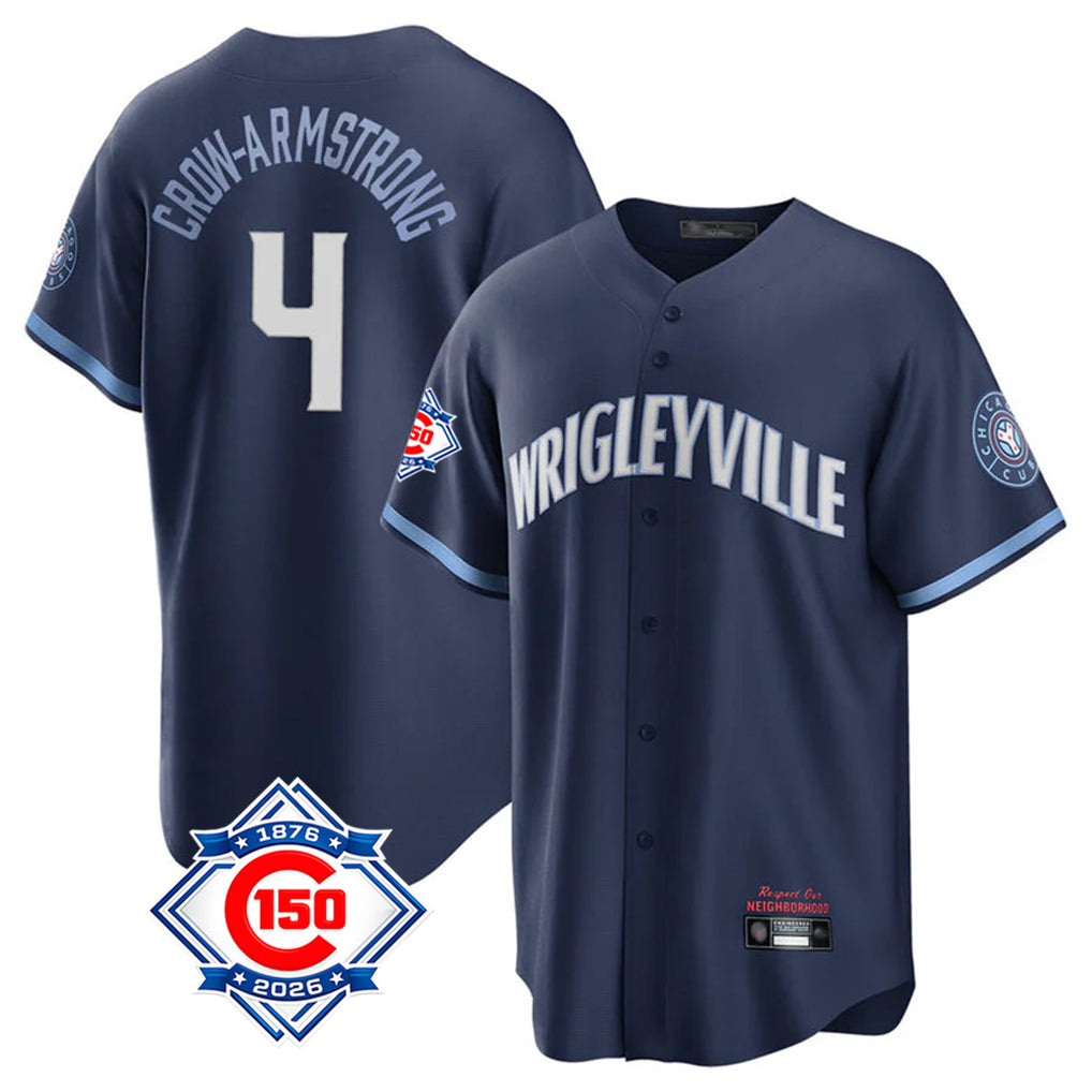 Kooe C.Cubs #4 Pete Crow-Armstrong Player Navy 150th Anniversary City Connect Home Game Stitched Jerseys