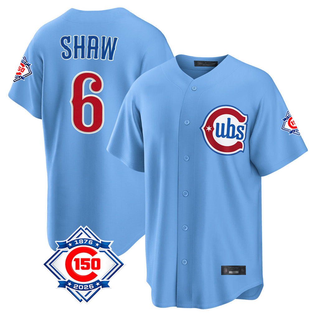 Kooe C.Cubs #6 Matt Shaw Player Light Blue 150th Anniversary Home Game Stitched Jerseys