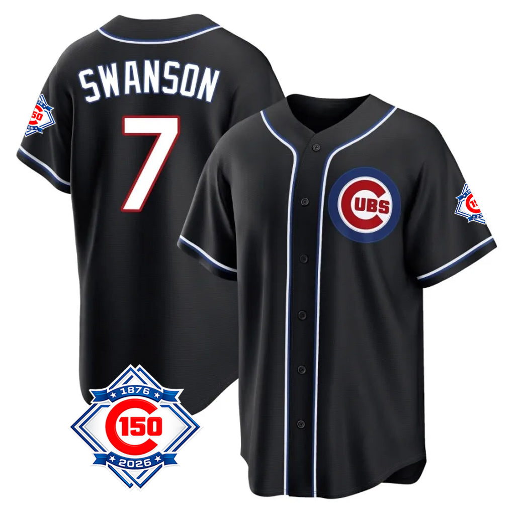 Kooe C.Cubs #7 Dansby Swanson Player Black Fashion Out 150th Anniversary Game Stitched Jerseys