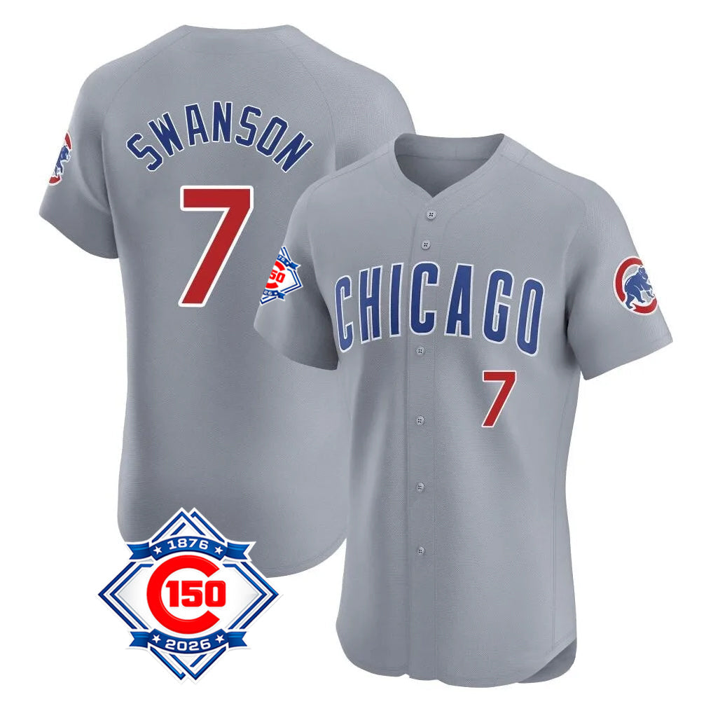 Kooe C.Cubs #7 Dansby Swanson Player Gray Road 150th Anniversary Limited Elite Home Stitched Jerseys