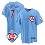 Kooe C.Cubs #7 Dansby Swanson Player Light Blue 150th Anniversary Home Game Stitched Jerseys