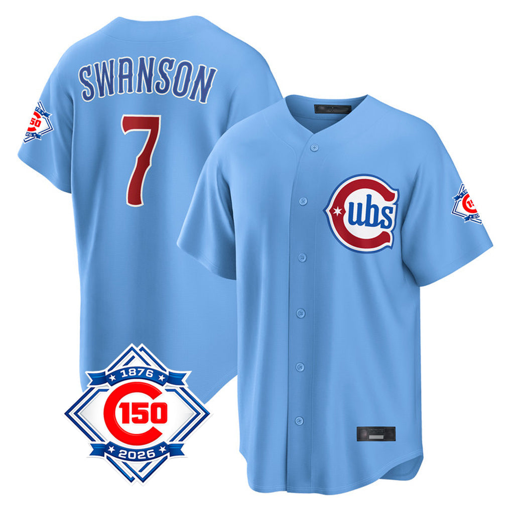 Kooe C.Cubs #7 Dansby Swanson Player Light Blue 150th Anniversary Home Game Stitched Jerseys