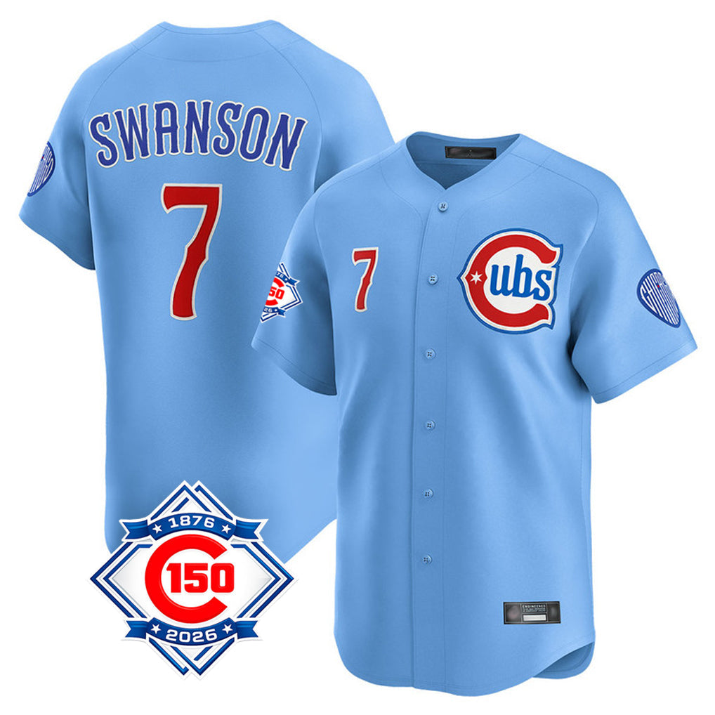 Kooe C.Cubs #7 Dansby Swanson Player Light Blue 150th Anniversary Limited Home Stitched Jerseys