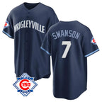 Kooe C.Cubs #7 Dansby Swanson Player Navy 150th Anniversary City Connect Home Game Stitched Jerseys