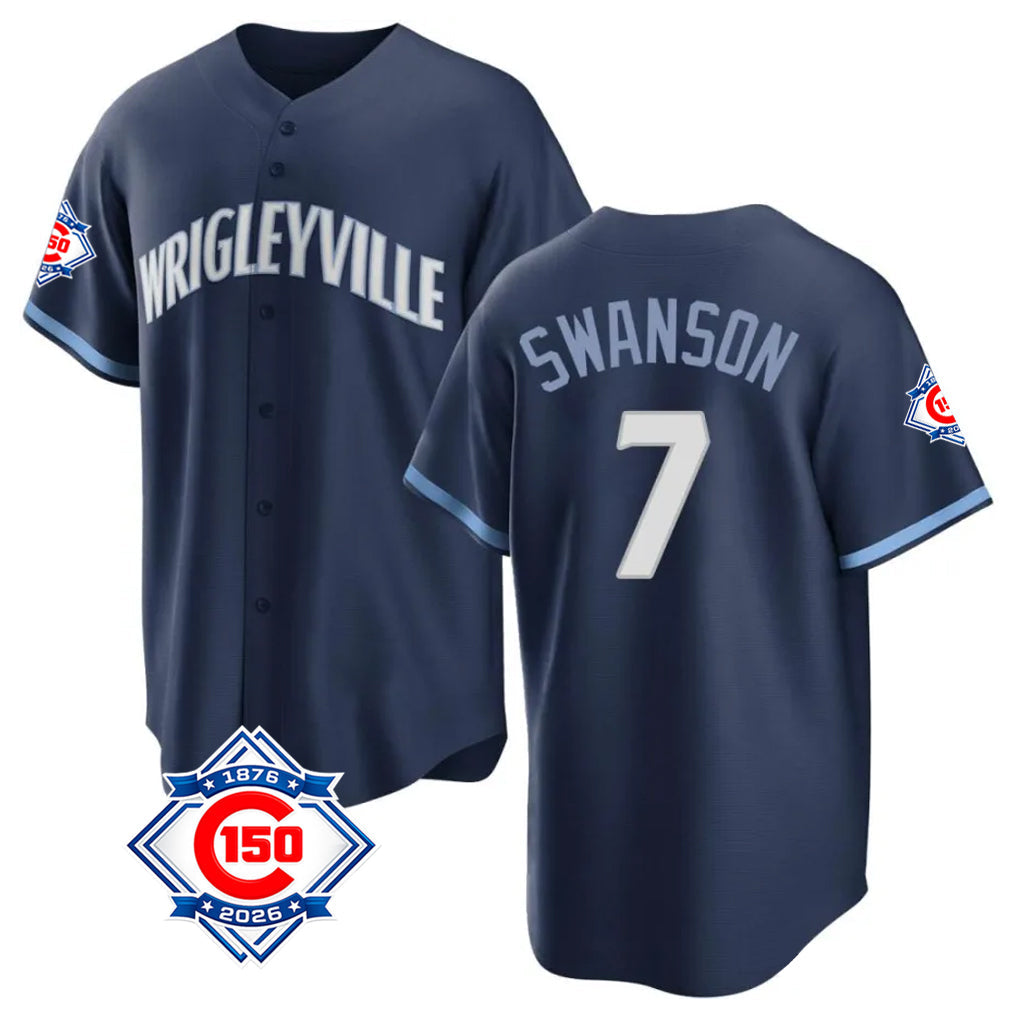Kooe C.Cubs #7 Dansby Swanson Player Navy 150th Anniversary City Connect Home Game Stitched Jerseys