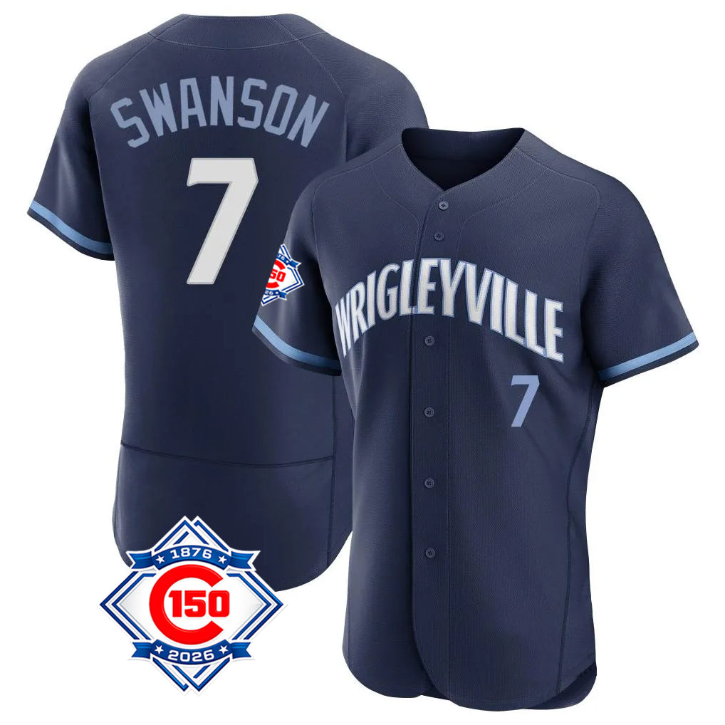 Kooe C.Cubs #7 Dansby Swanson Player Navy City Connect 150th Anniversary Limited Elite Home Stitched Jerseys