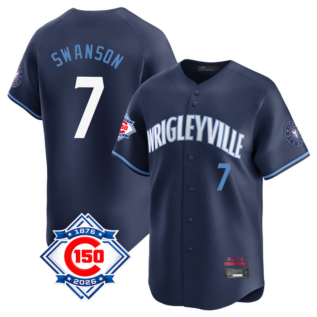 Kooe C.Cubs #7 Dansby Swanson Player Navy City Connect 150th Anniversary Limited Home Stitched Jerseys