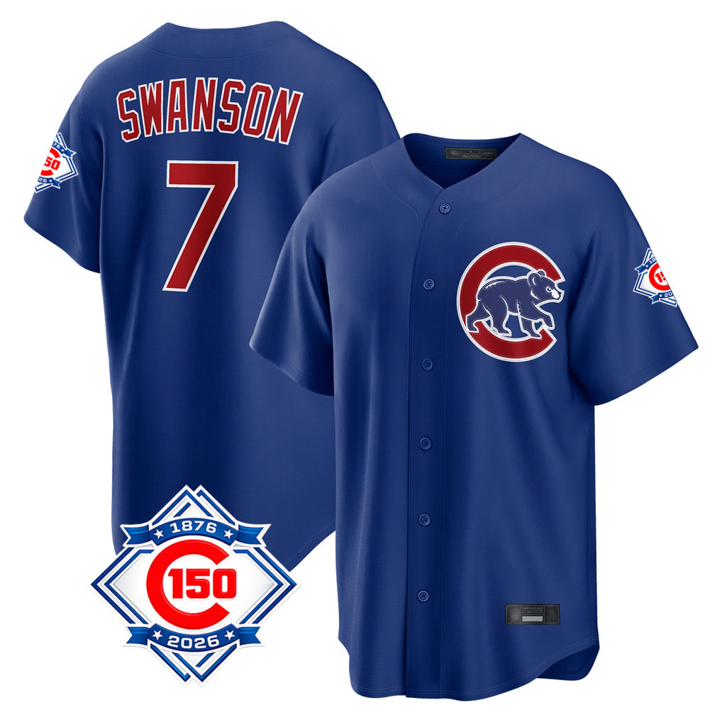 Kooe C.Cubs #7 Dansby Swanson Player Royal 150th Anniversary Home Game Stitched Jerseys