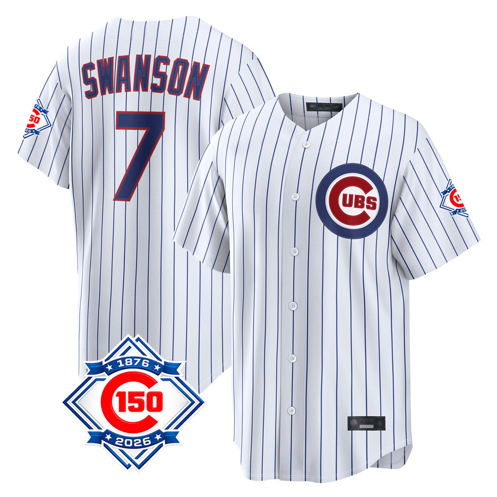 Kooe C.Cubs #7 Dansby Swanson Player White 150th Anniversary Game Home Stitched Jerseys