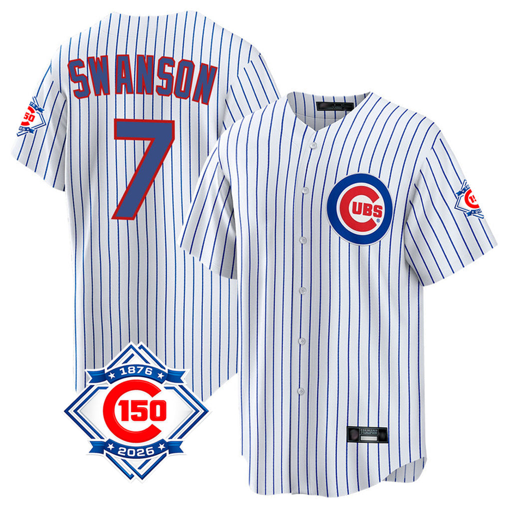 Kooe C.Cubs #7 Dansby Swanson Player White 150th Anniversary Home Game Stitched Jerseys