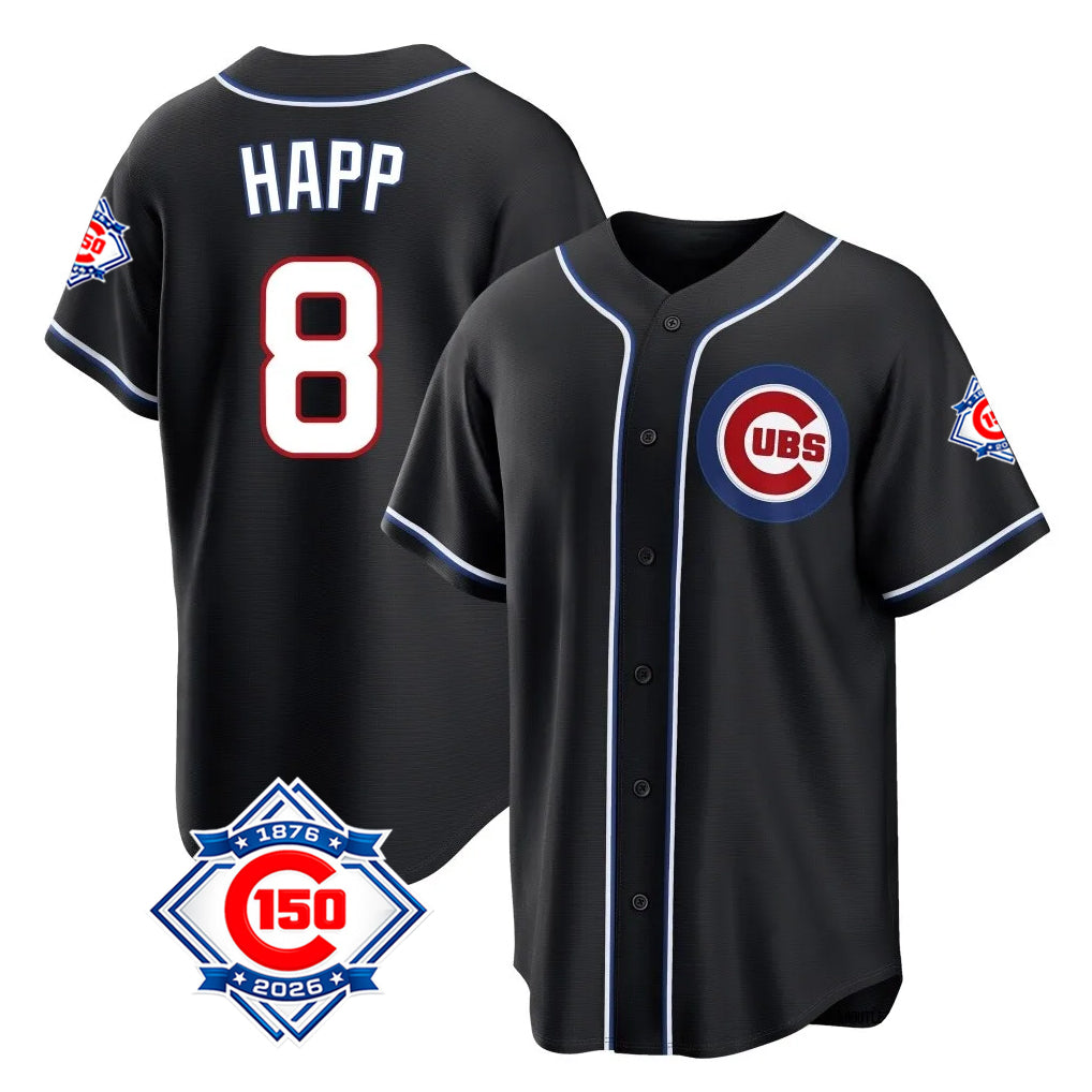 Kooe C.Cubs #8 Ian Happ Player Black Fashion Out 150th Anniversary Game Stitched Jerseys