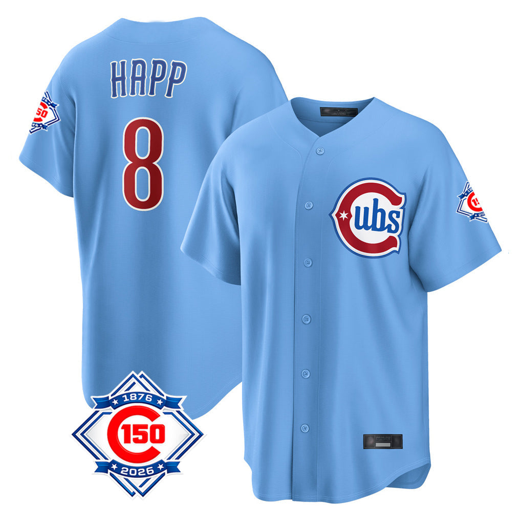 Kooe C.Cubs #8 Ian Happ Player Light Blue 150th Anniversary Home Game Stitched Jerseys