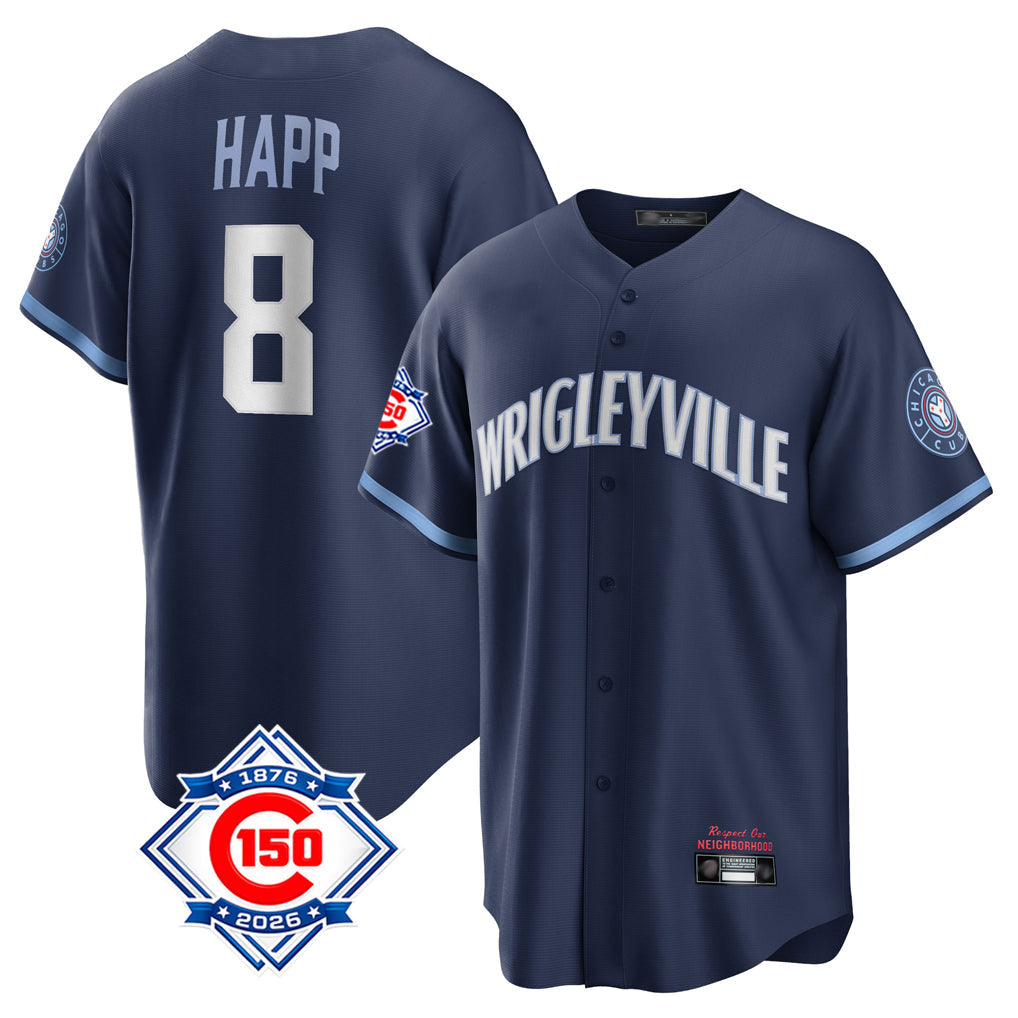 Kooe C.Cubs #8 Ian Happ Player Navy 150th Anniversary City Connect Home Game Stitched Jerseys