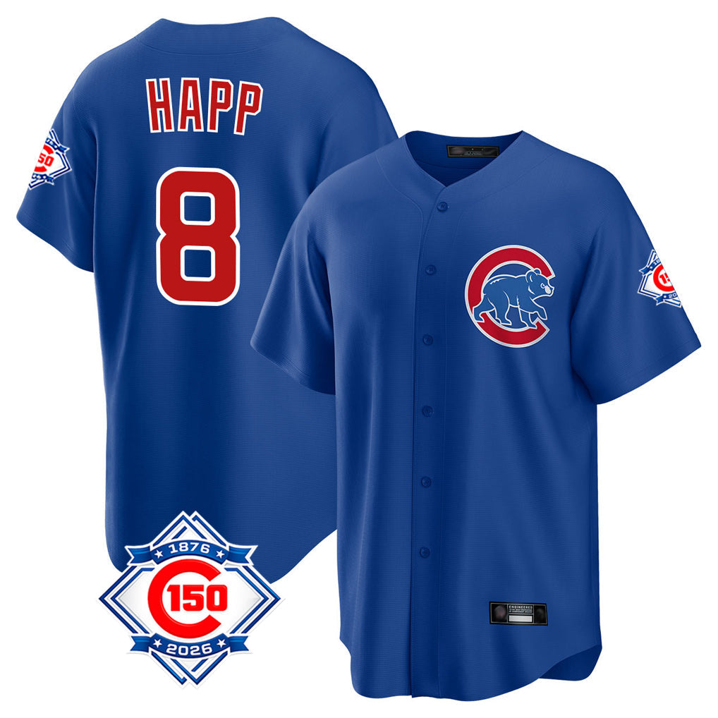 Kooe C.Cubs #8 Ian Happ Player Royal 150th Anniversary Home Game Stitched Jerseys