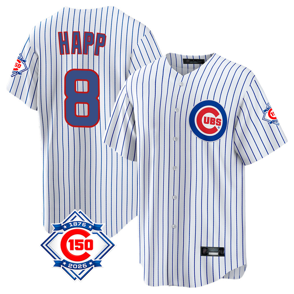Kooe C.Cubs #8 Ian Happ Player White 150th Anniversary Home Game Stitched Jerseys