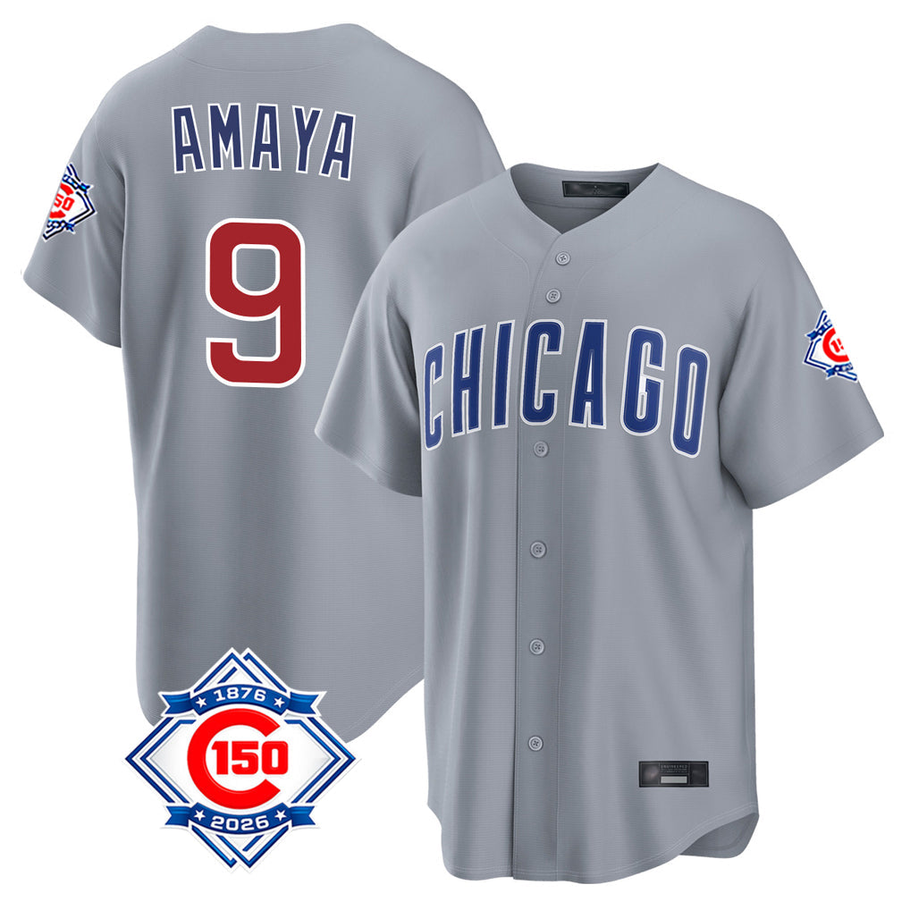 Kooe C.Cubs #9 Miguel Amaya Player Gray 150th Anniversary Home Game Stitched Jerseys