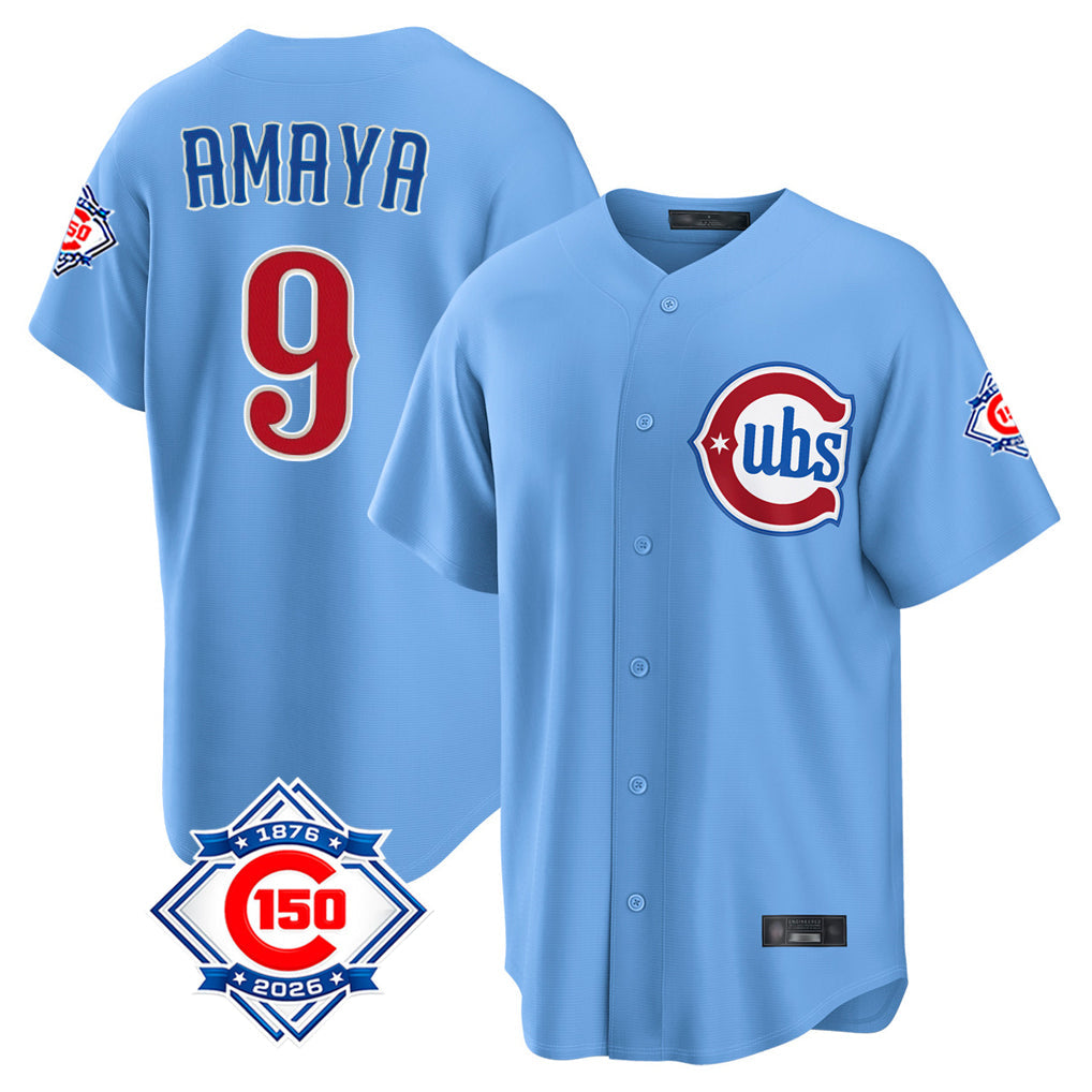 Kooe C.Cubs #9 Miguel Amaya Player Light Blue 150th Anniversary Home Game Stitched Jerseys