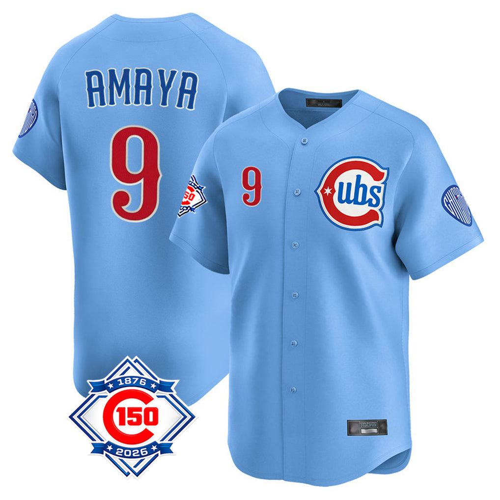 Kooe C.Cubs #9 Miguel Amaya Player Light Blue 150th Anniversary Limited Home Stitched Jerseys