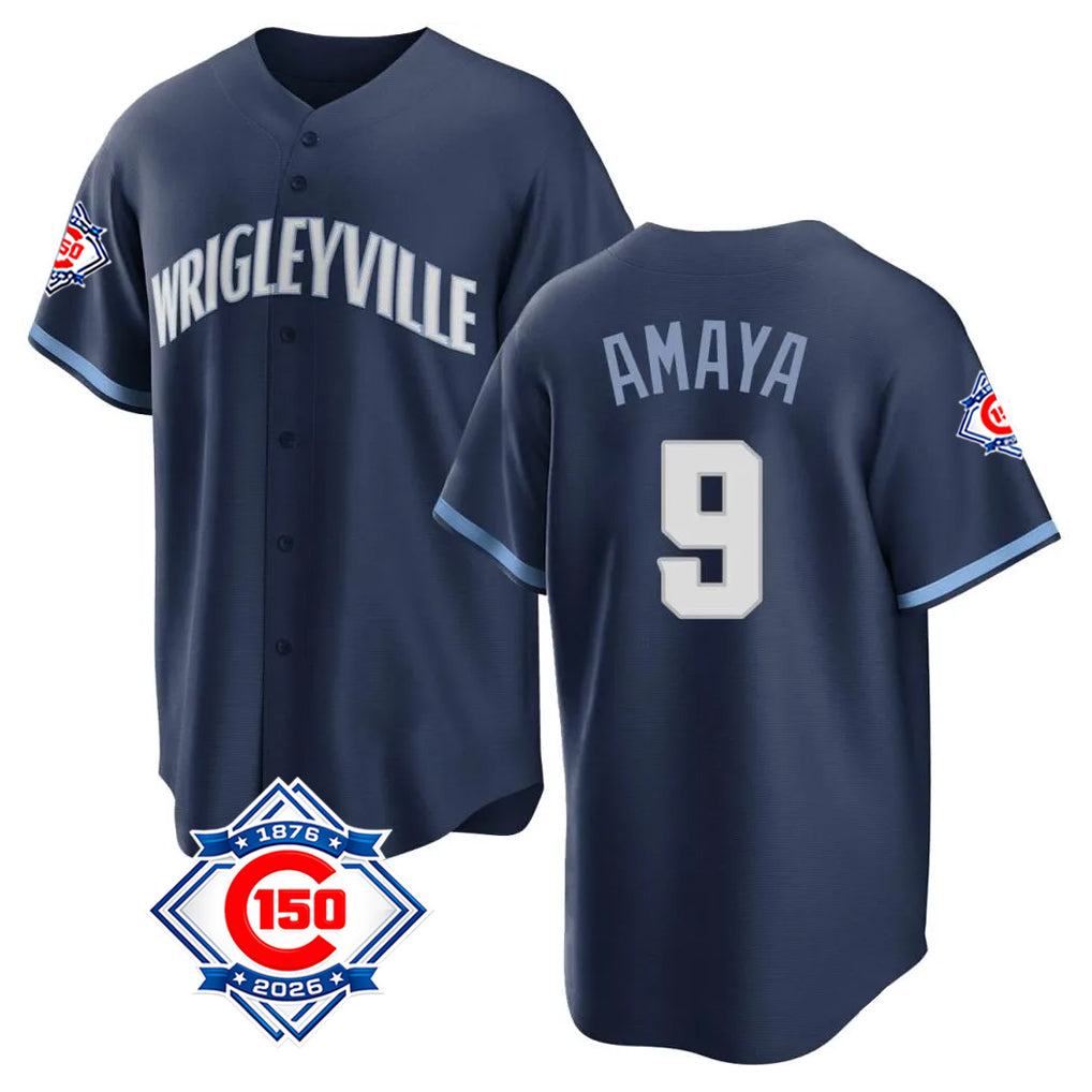 Kooe C.Cubs #9 Miguel Amaya Player Navy 150th Anniversary City Connect Home Game Stitched Jerseys