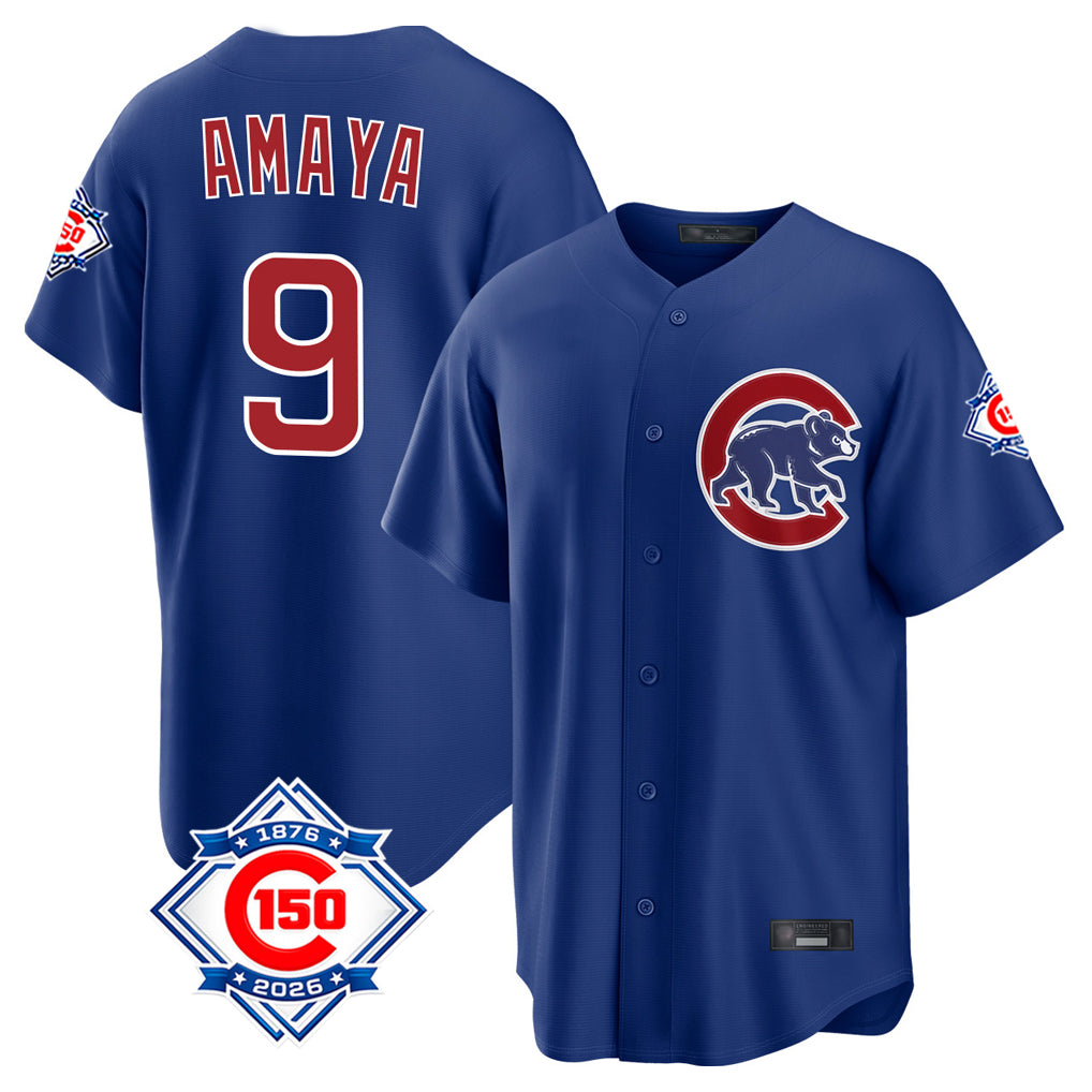 Kooe C.Cubs #9 Miguel Amaya Player Royal 150th Anniversary Home Game Stitched Jerseys