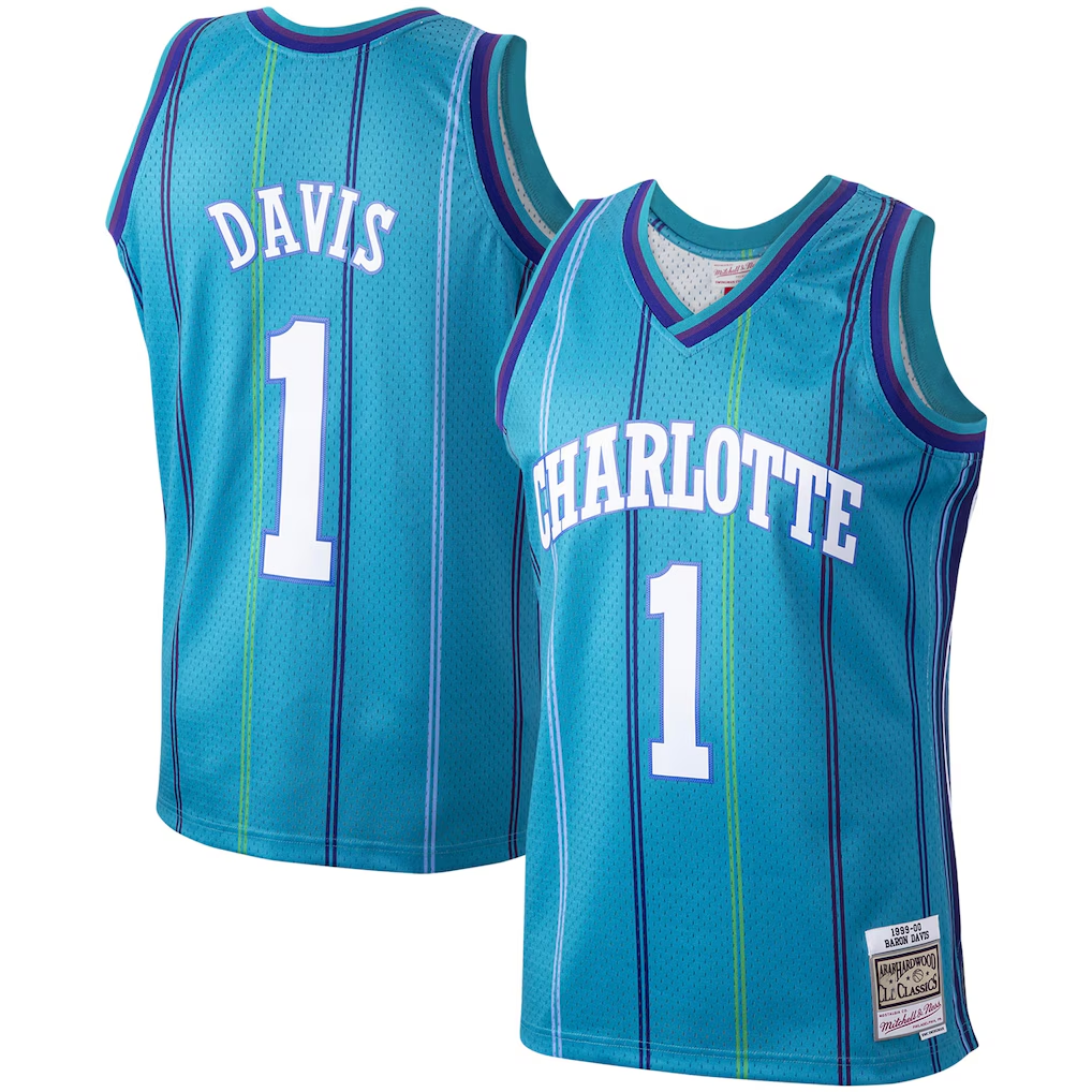 Kooe C.Hornets #1 Baron Davis Mitchell & Ness Teal 199900 Hardwood Classics Swingman Jerseys