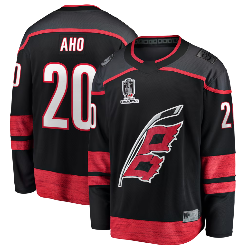 Kooe C.Hurricanes #20 Sebastian Aho Black 2026 Stanley Cup Champions Home Breakaway Stitched Jerseys