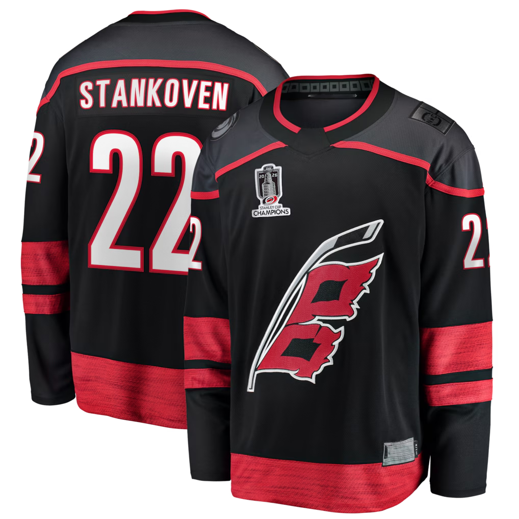 Kooe C.Hurricanes #22 Logan Stankoven Black 2026 Stanley Cup Champions Home Breakaway Stitched Jerseys