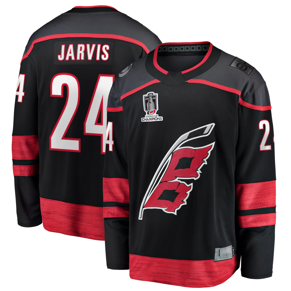 Kooe C.Hurricanes #24 Seth Jarvis Black 2026 Stanley Cup Champions Home Breakaway Stitched Jerseys