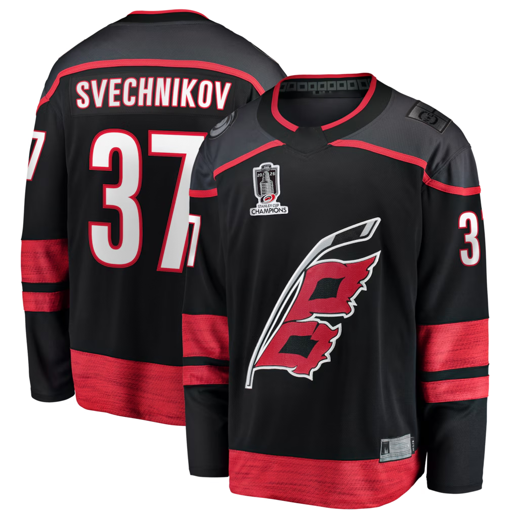 Kooe C.Hurricanes #37 Andrei Svechnikov Black 2026 Stanley Cup Champions Home Breakaway Stitched Jerseys