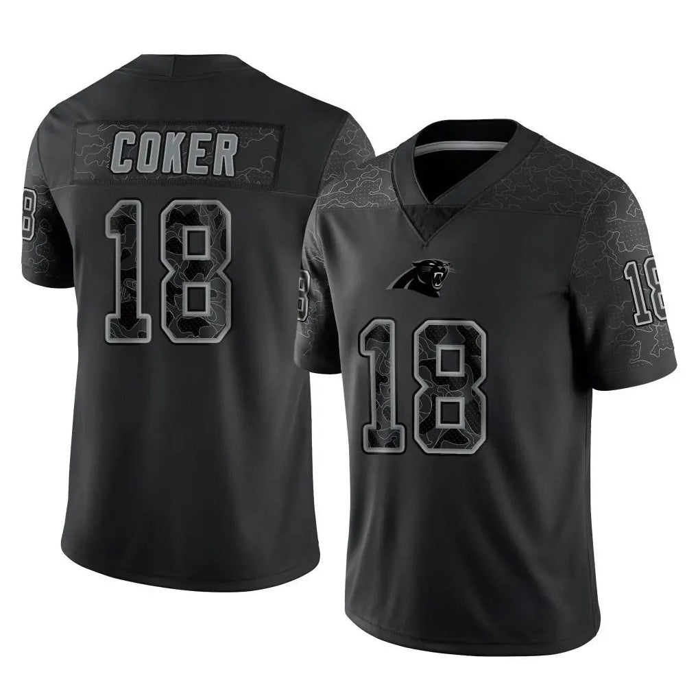 Kooe C.Panthers #18 Jalen Coker Player Black Limited Reflective Game Stitched Jerseys