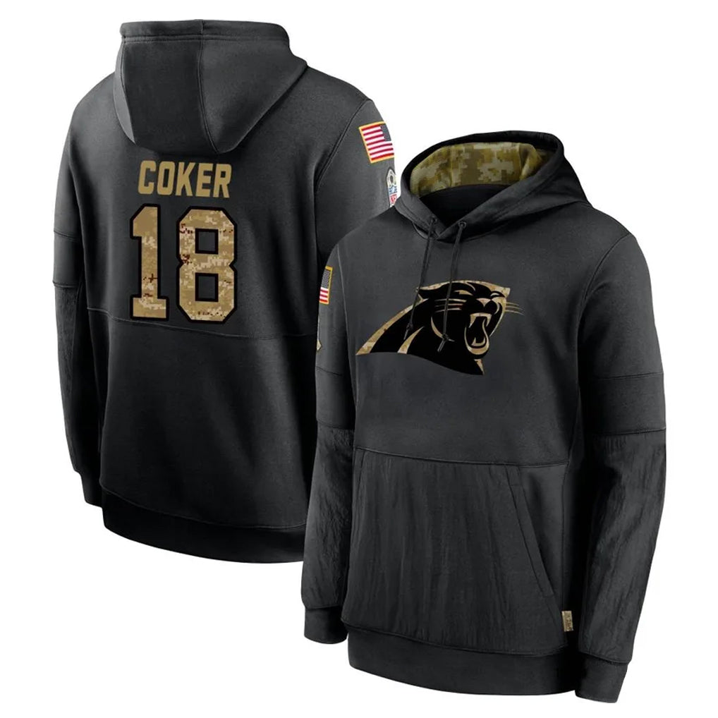 Kooe C.Panthers #18 Jalen Coker Player Black Salute to Service Pullover Hoodies Limited Game Stitched Jerseys