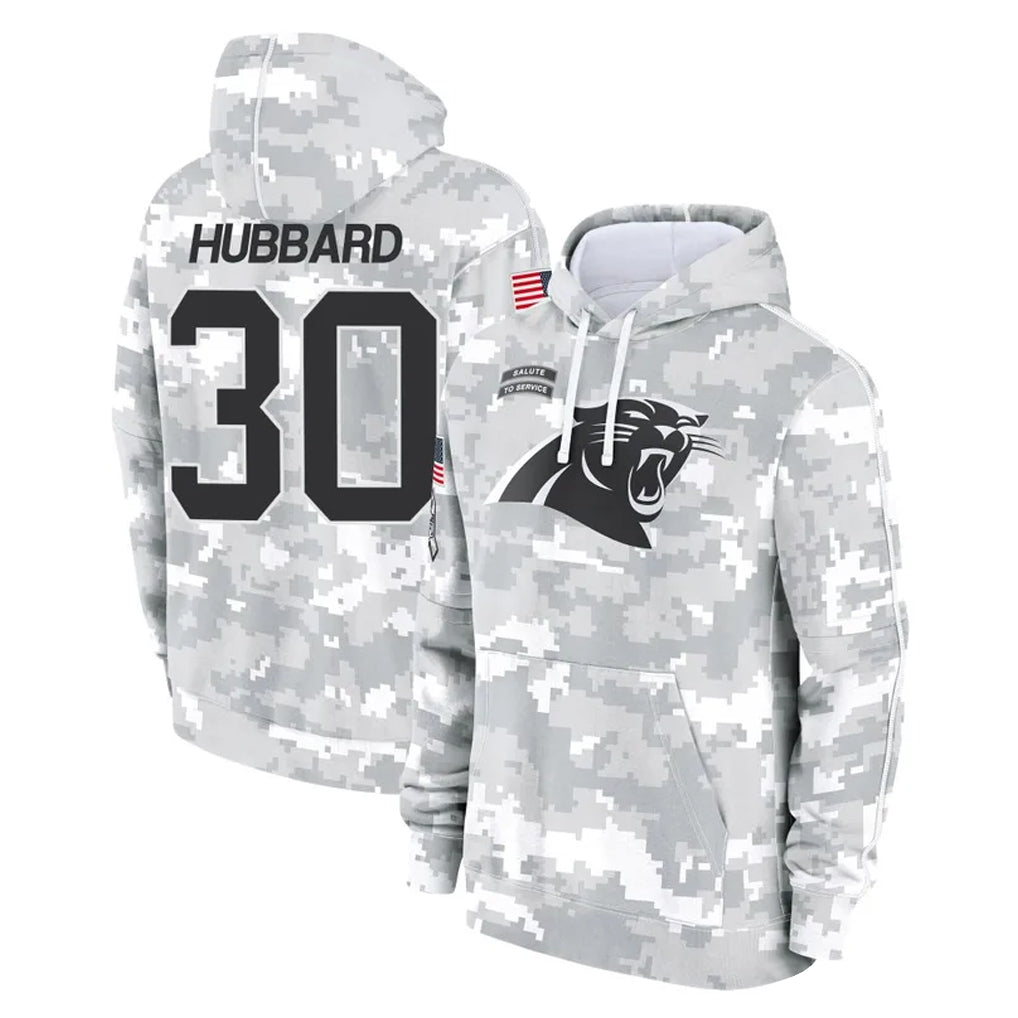 Kooe C.Panthers #30 Chuba Hubbard Player Arctic Camo Salute to Service Pullover Hoodies Limited Game Stitched Jerseys