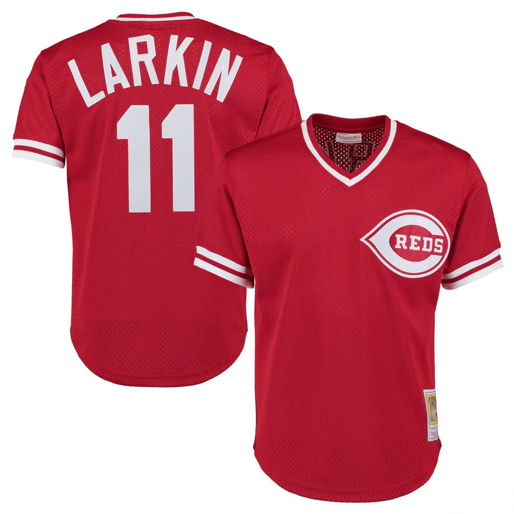 Kooe C.Reds #11 Barry Larkin Player Mitchell & Ness Red Throwback Cooperstown Mesh T-shirt Game Stitched Jerseys
